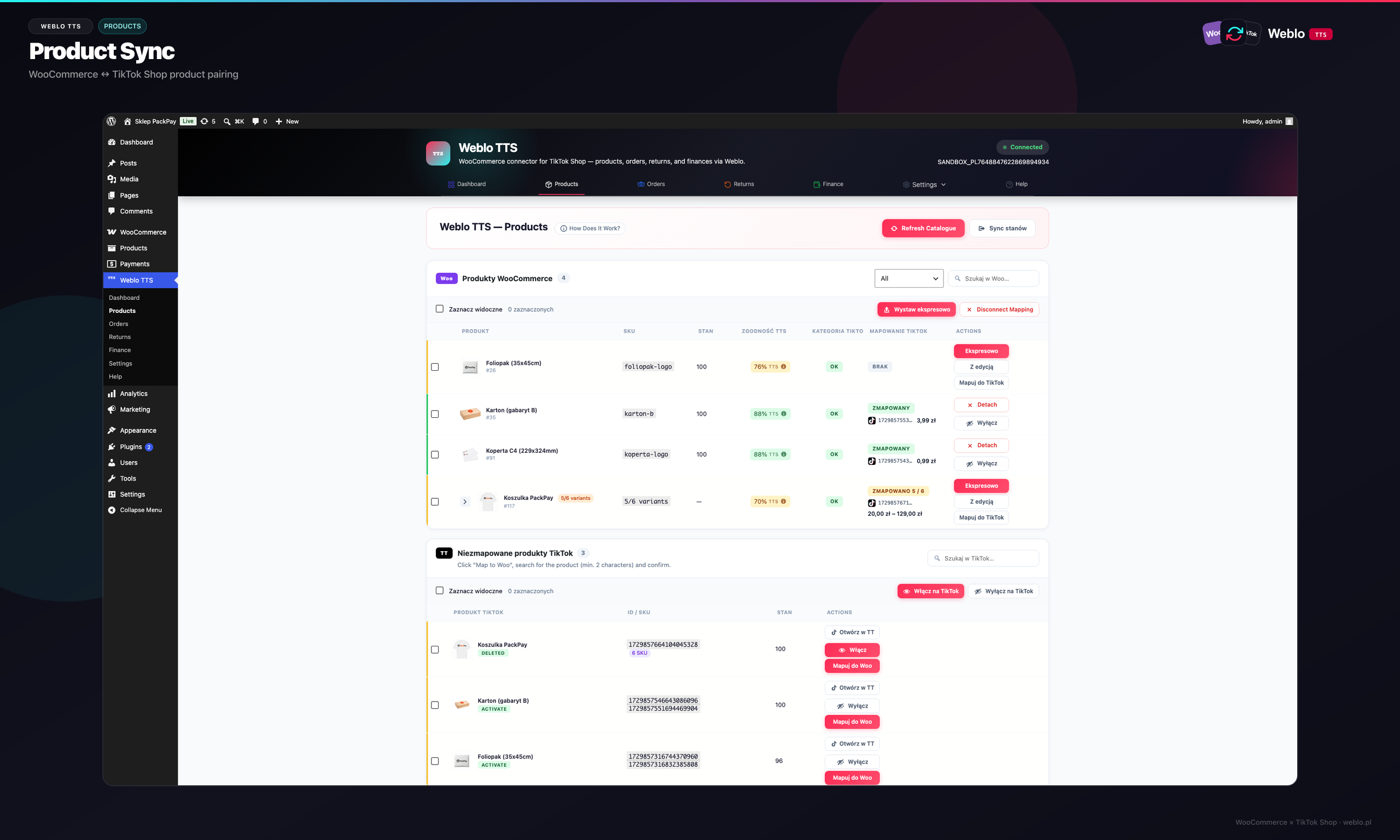 Fig. 2 - WooCommerce ↔ TikTok Shop product list
