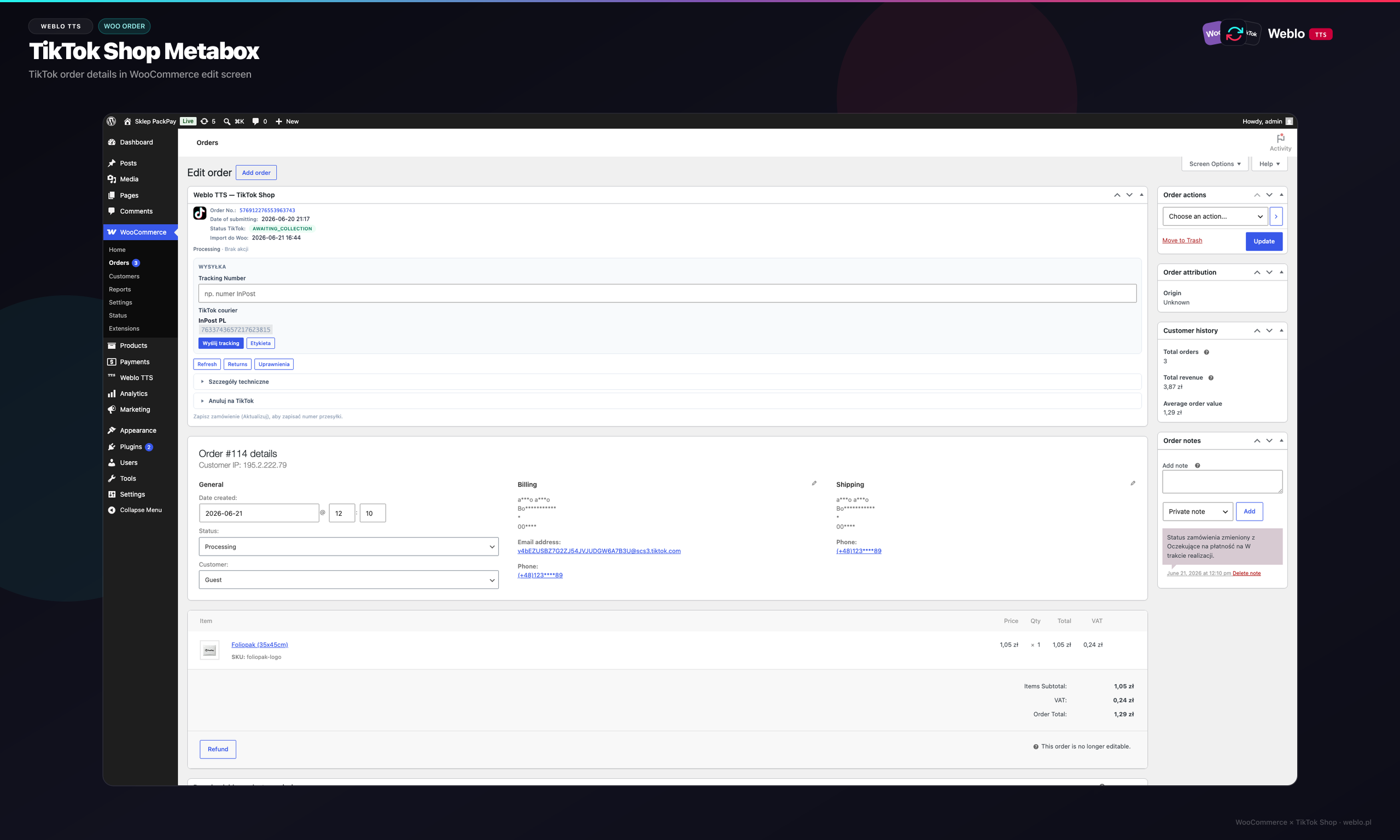 Fig. 6 - TikTok order details in WooCommerce order edit screen