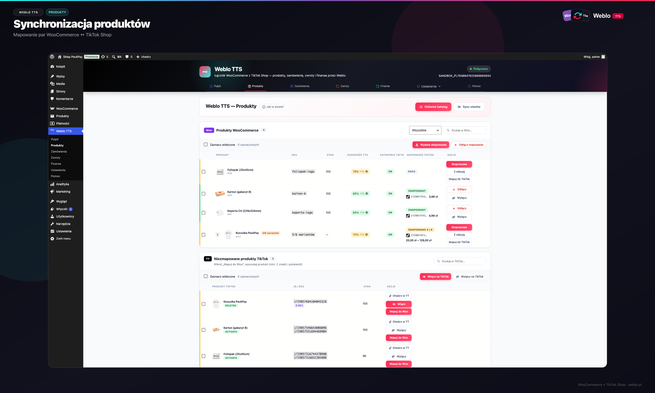 Rys. 2 - Lista produktów WooCommerce ↔ TikTok Shop