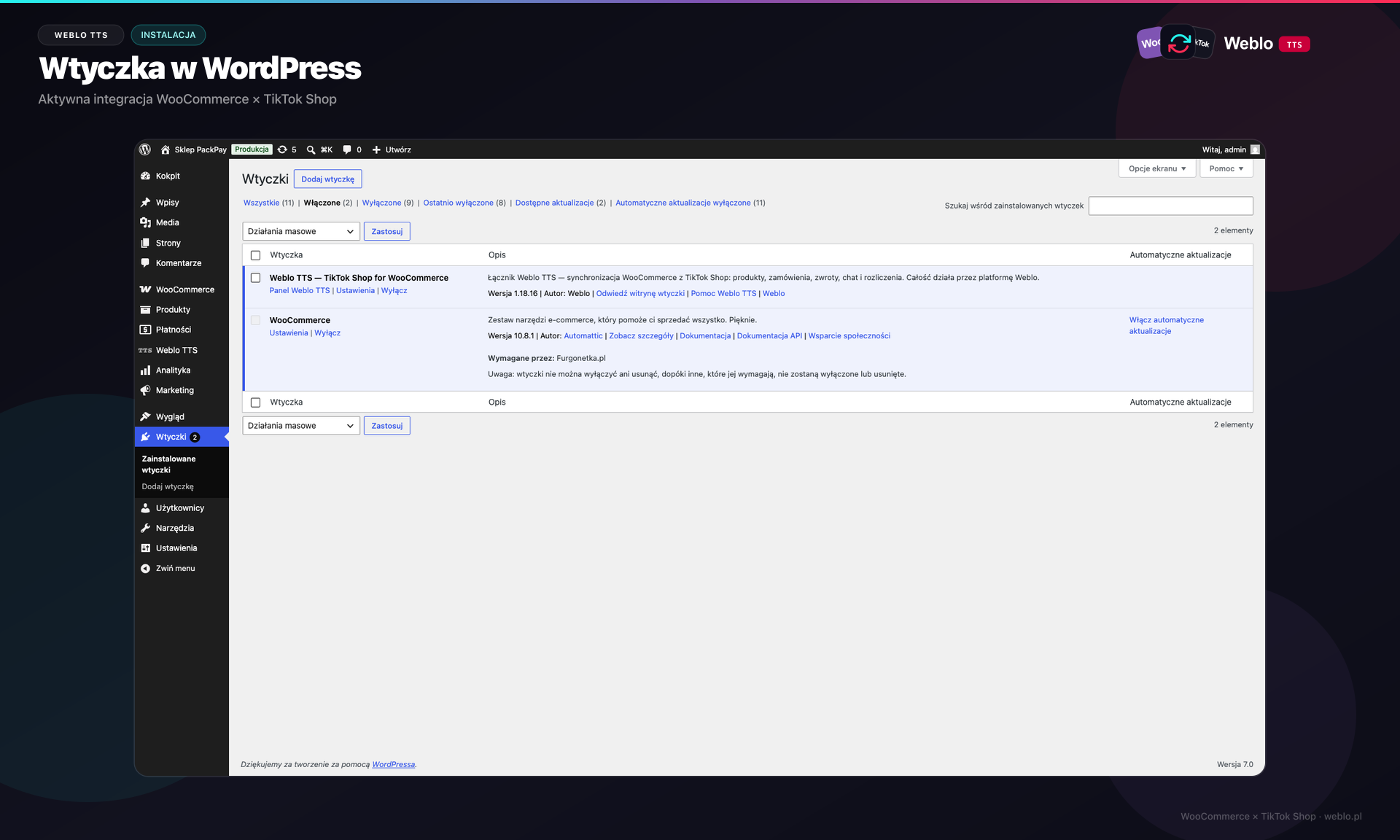 Rys. 1 - Wtyczka Weblo TTS na liście wtyczek WordPress