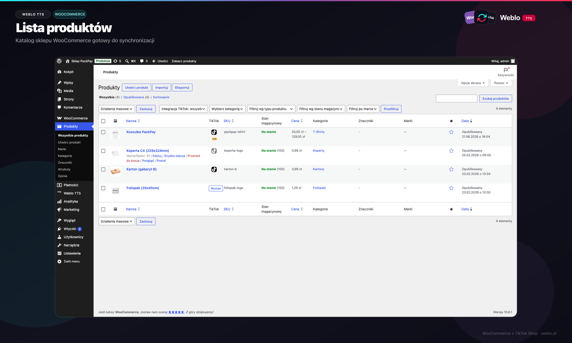 Rys. 7 - Produkty WooCommerce z kolumną Weblo TTS